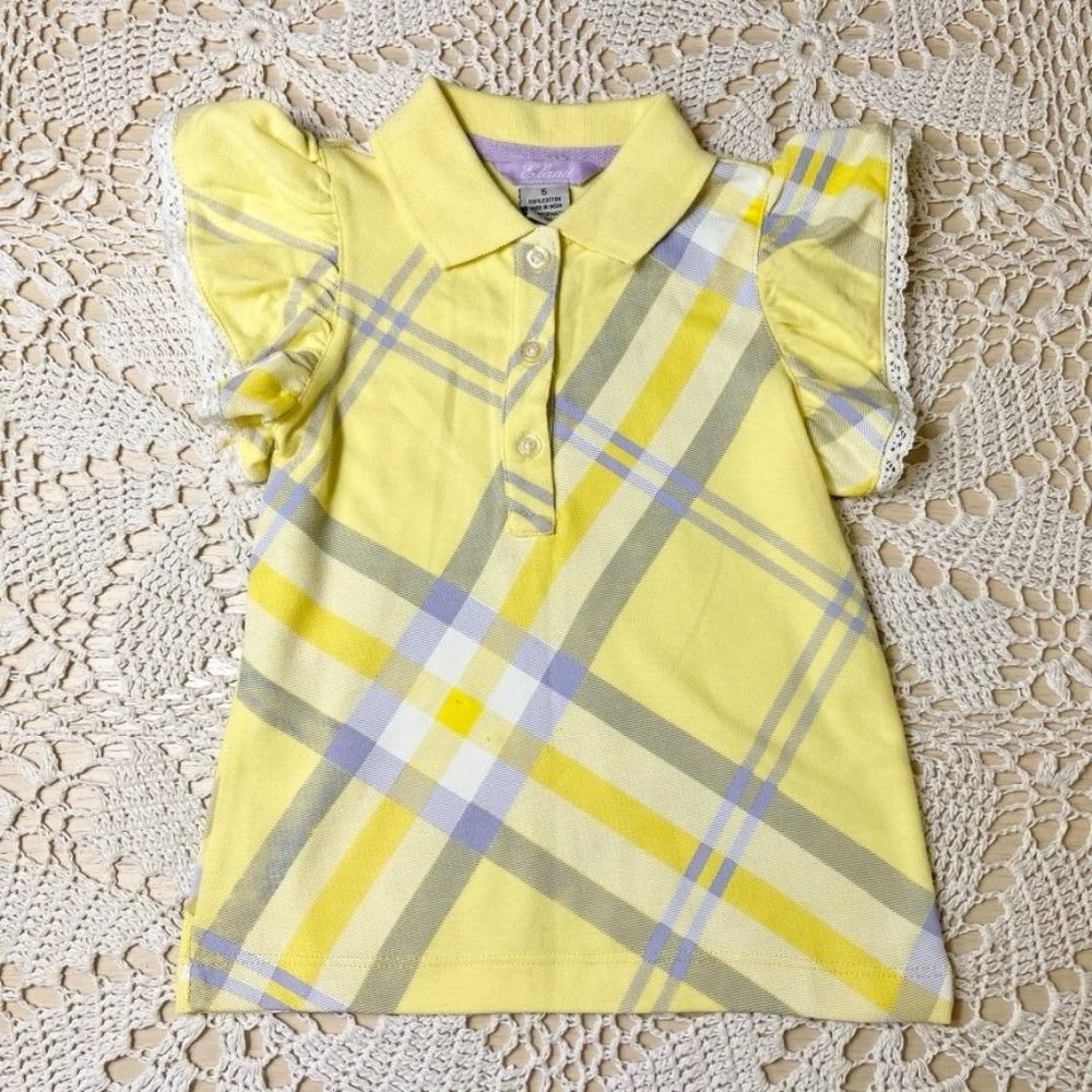 E Land Girls Spring Plaid Flutter Sleeve Polo Shirt Size 5
